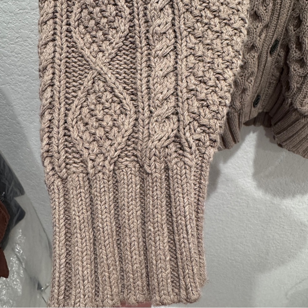 LLBean Signature Fisherman Cable Knit Sweater Cardigan Grandpa Cotton Brwn Tan L - Picture 10 of 16